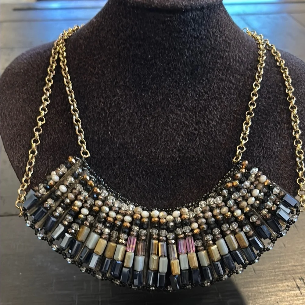 Bib Style Multicolor Beaded Gold Tone Statement Necklace Aurora Borealis AB​